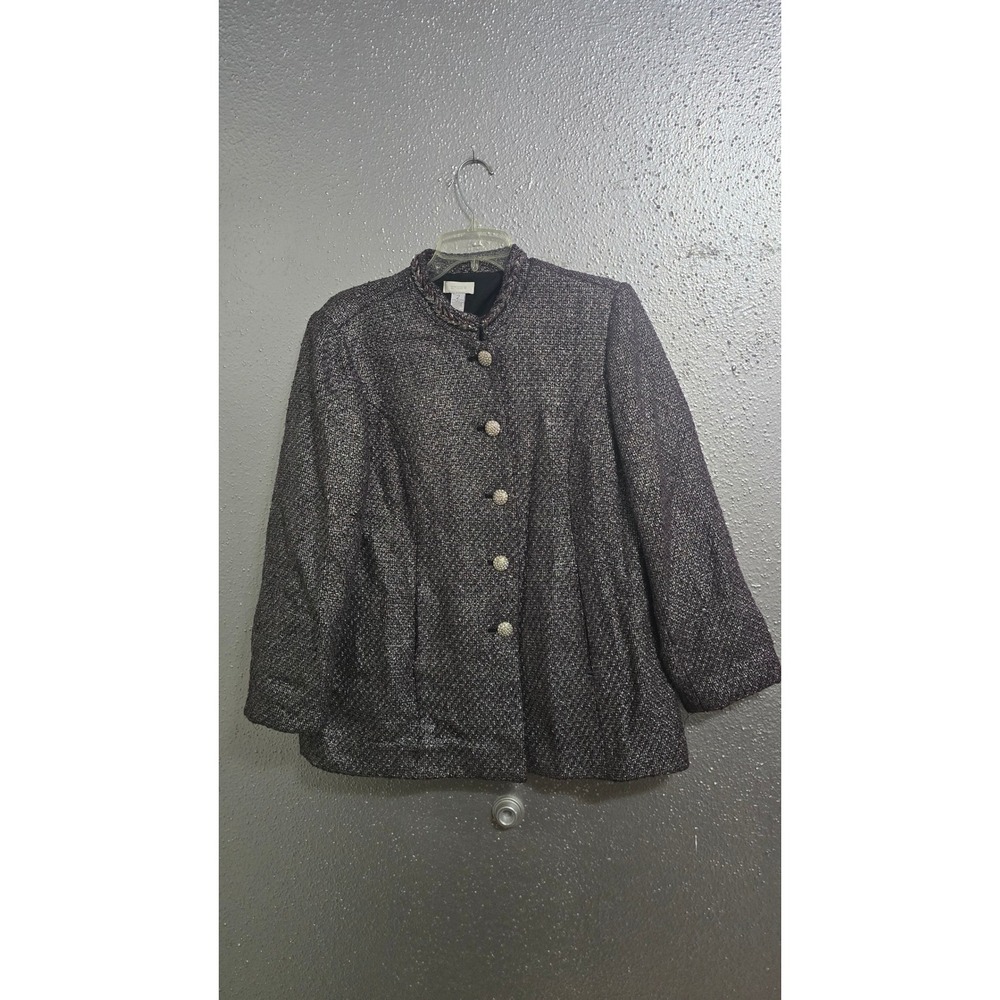 Chicos Metallic Tweed Jacket Purple Silver Button Front Mock Neck Size 2 Large
